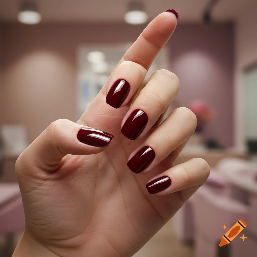 Close-up of a hand with shiny dark red nail polish in a blurry salon setting.