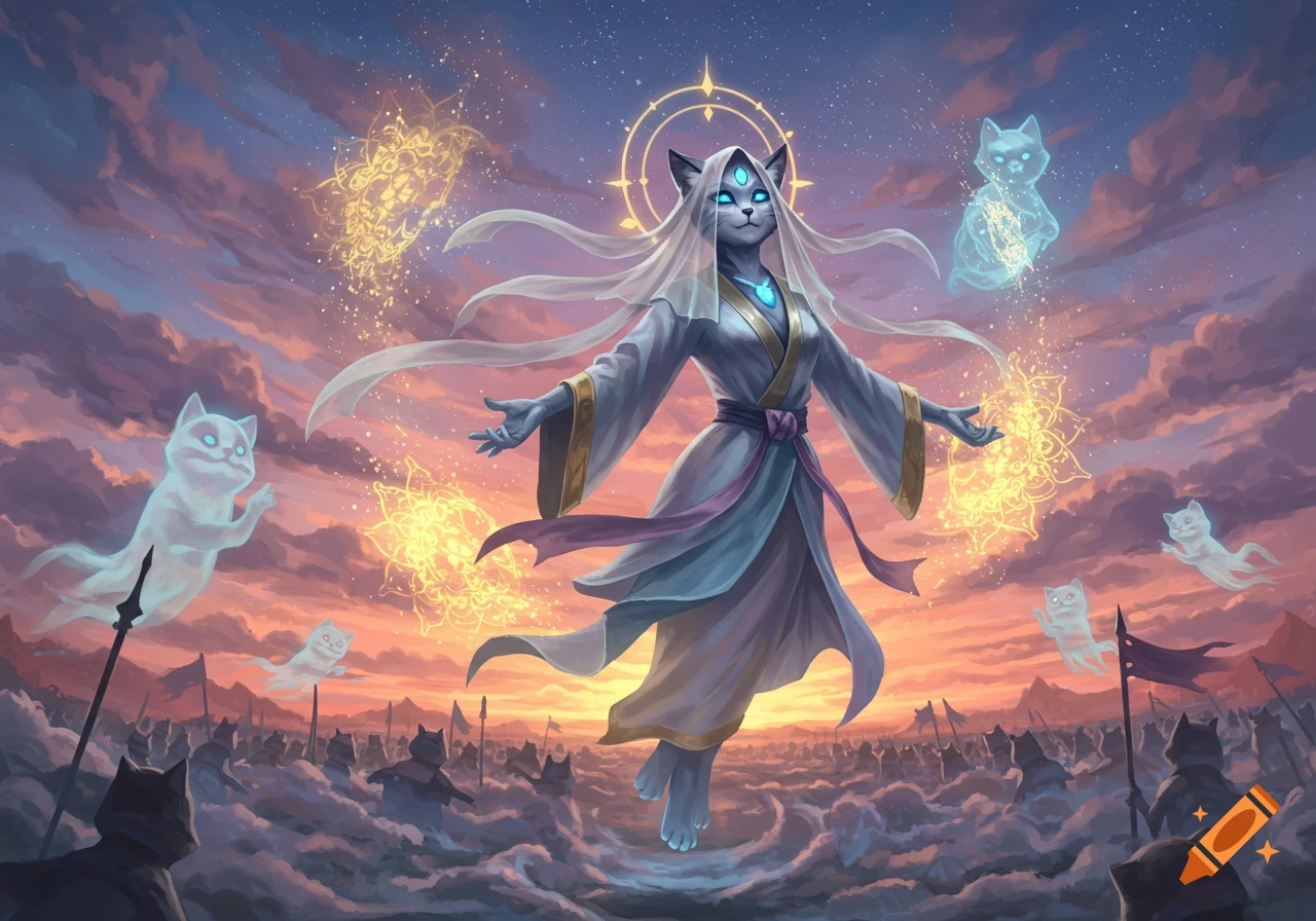A majestic cat-like deity floats over an army of cat-like figures and glowing spectral cats under a vibrant sunset sky.