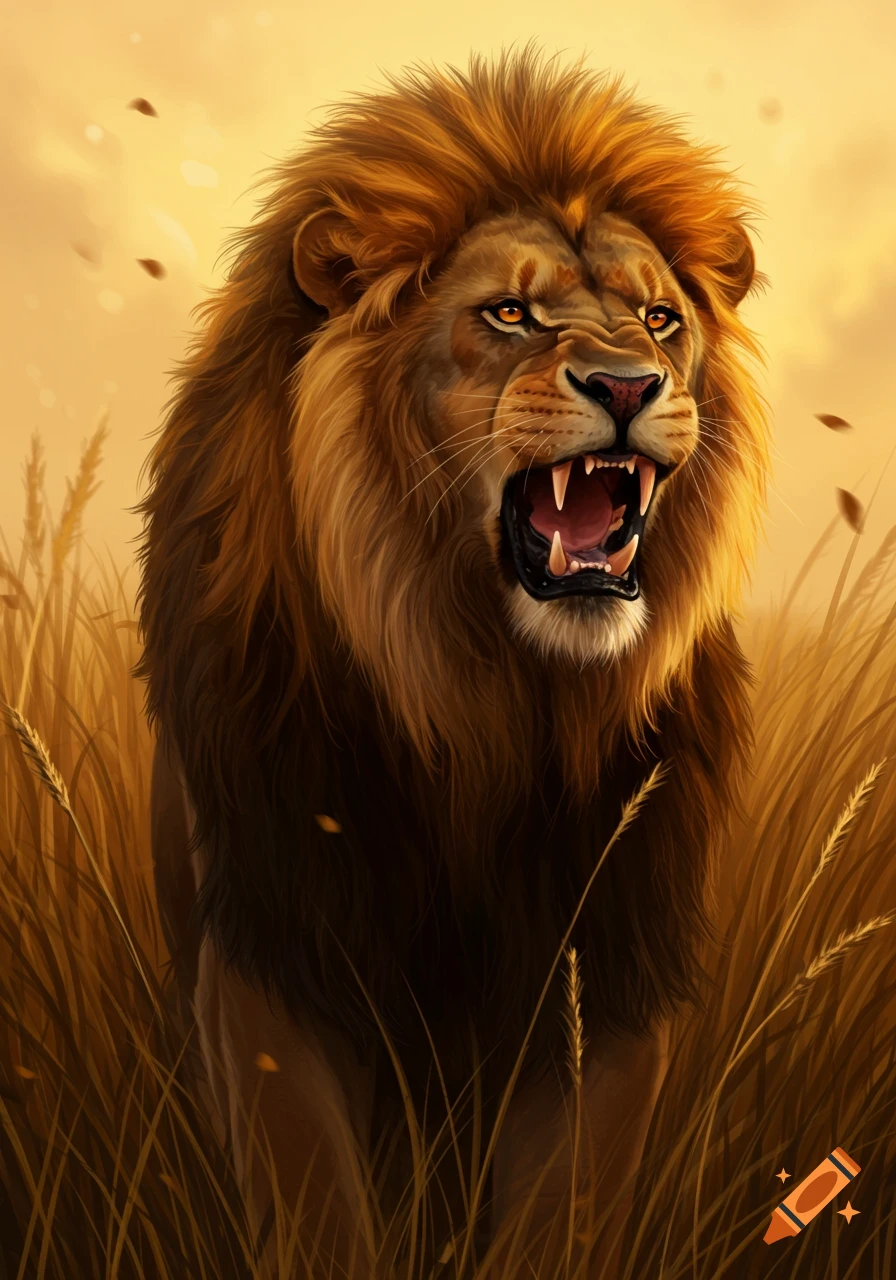 A fierce lion with a golden mane roars in a golden savanna, its fangs bared and eyes glowing.