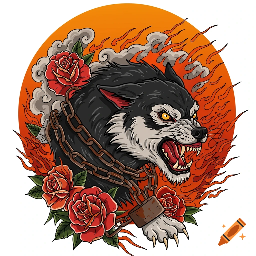 A fierce snarling wolf with chains, red roses, and flames on an orange background, in American traditional tattoo style.