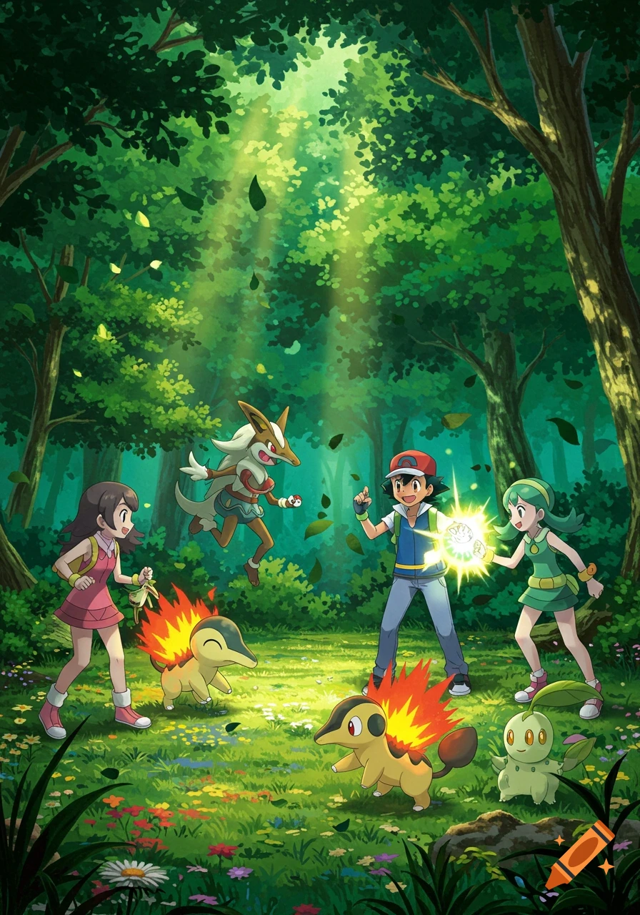 Ash, Dawn, and Lyra from Pokemon with their respective Pokemon Monferno, Cyndaquil, and Chikorita in a sunny forest clearing.