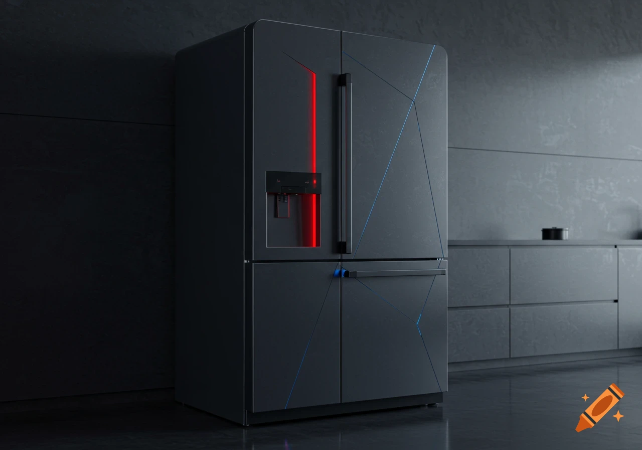 A dark, futuristic refrigerator with red and blue glowing lines in a modern kitchen.
