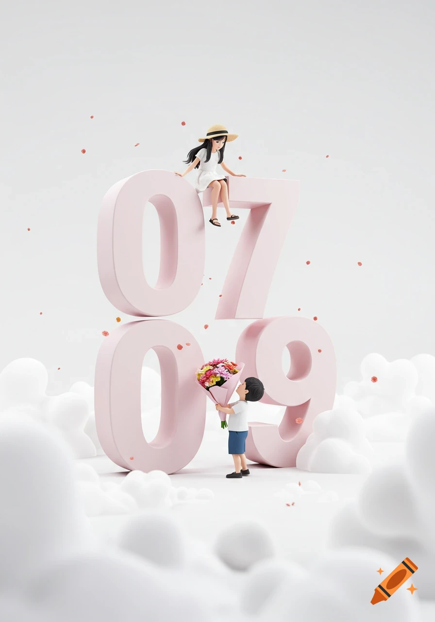 A cute 3D illustration of a girl in a sun hat sitting on a large pink "07" as a boy offers her flowers in front of a pink "09".