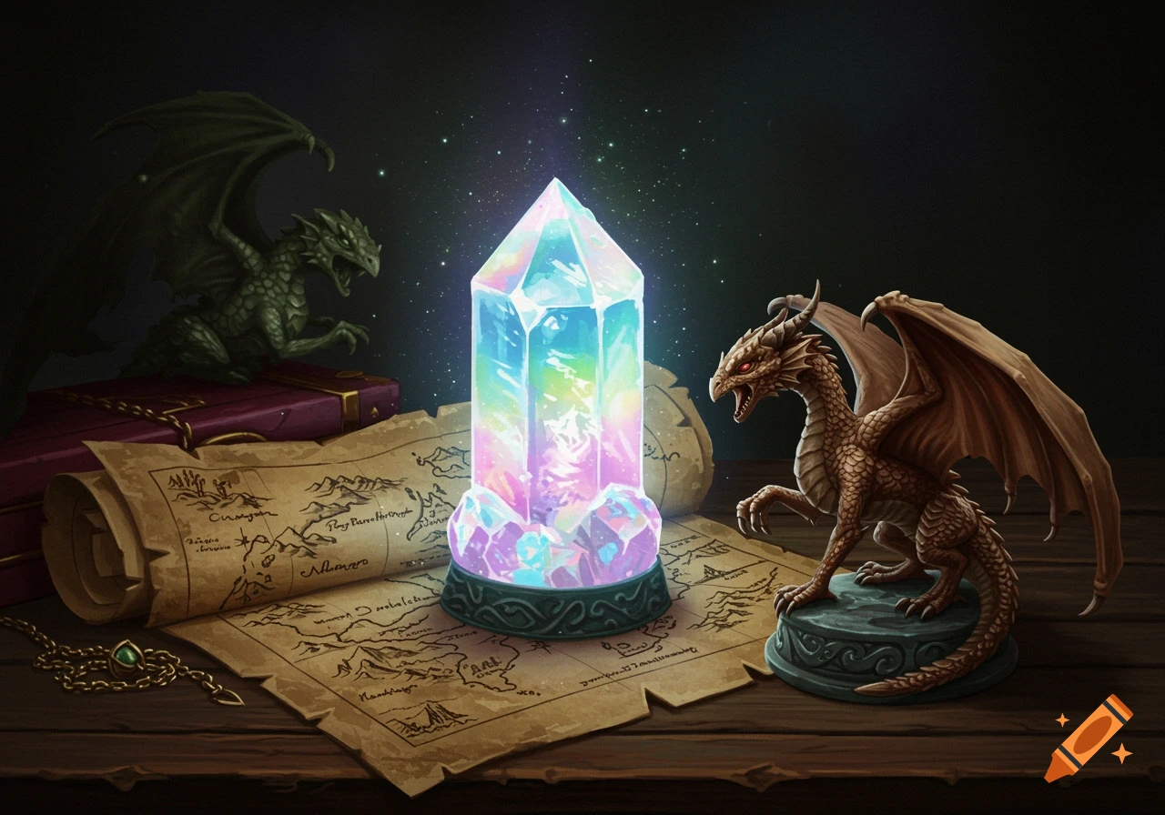 A glowing rainbow crystal surrounded by two dragons and an ancient map on a wooden table.