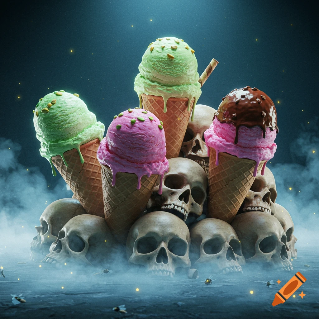 A pile of human skulls topped with colorful ice cream cones, surrounded by mist and glowing specks in a dark, mysterious setting.