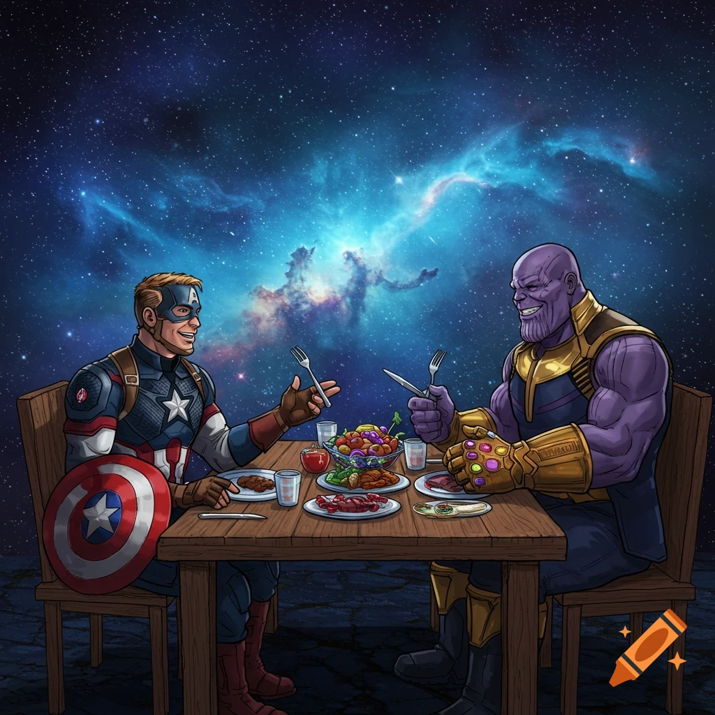 Captain America and Thanos happily share a meal at a table, set against a vibrant comic book galaxy backdrop.