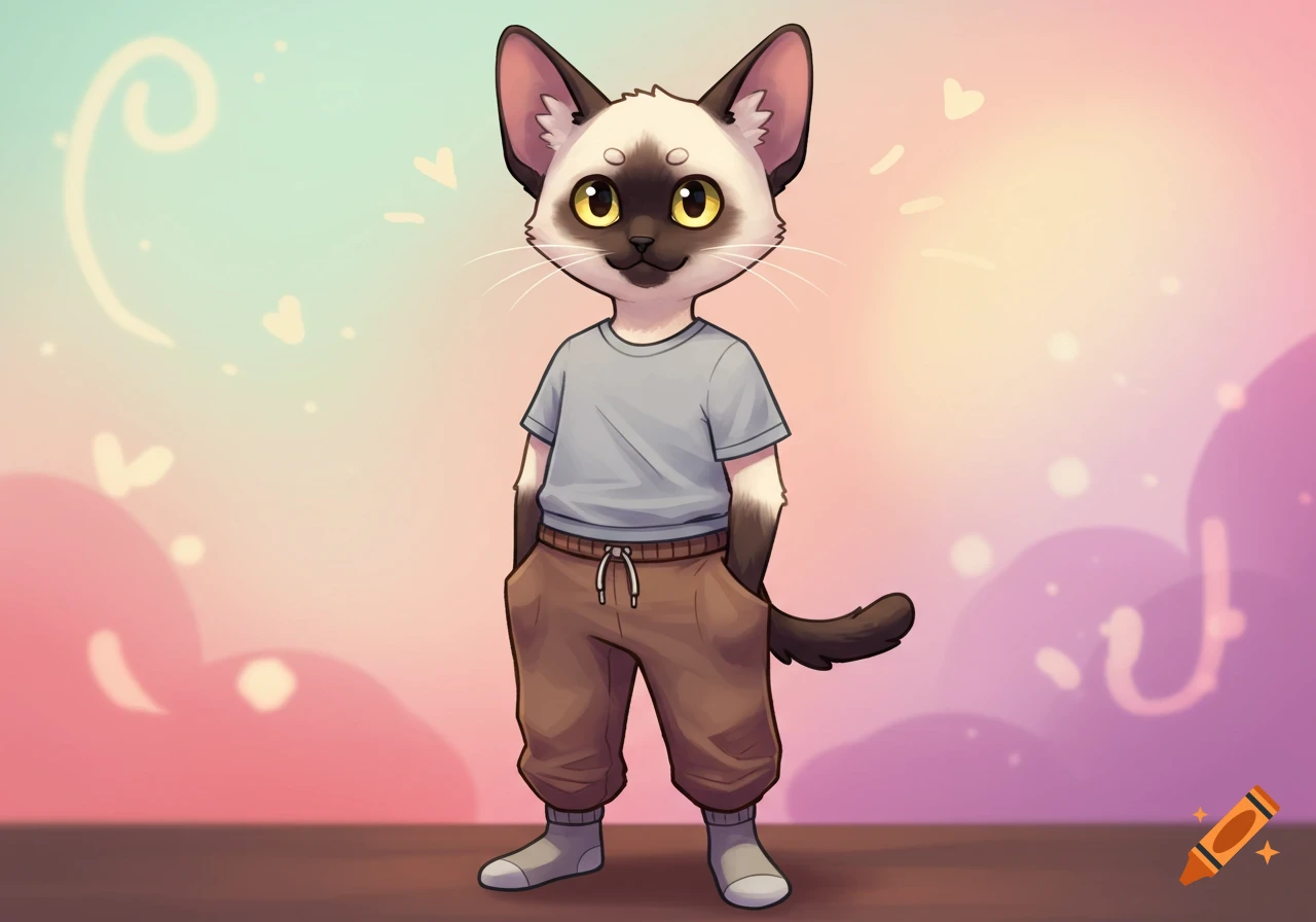 A cartoon Siamese cat wearing a gray t-shirt, brown sweatpants, and socks, standing against a pastel background.
