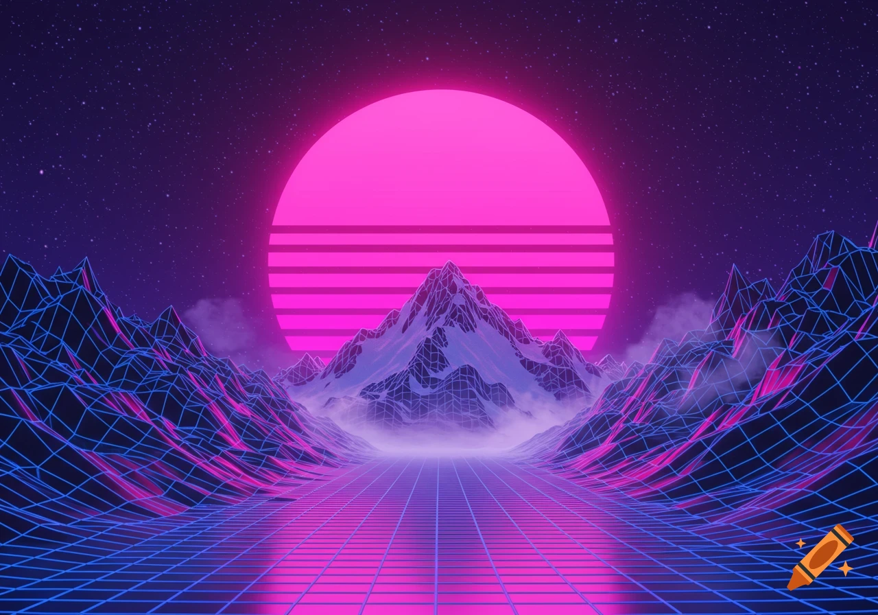 Retrowave landscape with neon grid ground, snowy mountains, and a large pink striped sun in a starry sky.