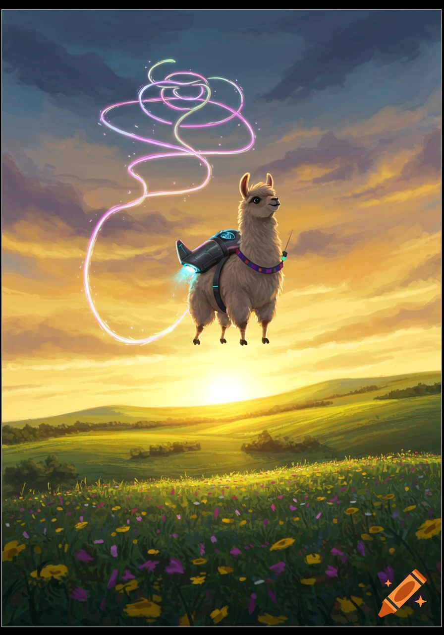 A brown llama with a jetpack flies through a sunset sky over a green field with wildflowers, leaving a glowing light trail. Illustration.