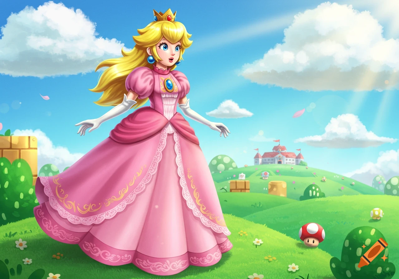 Princess Peach stands in a vibrant Super Mario Bros. landscape with a castle, hills, and clouds under a bright sky, in a digital painting style.