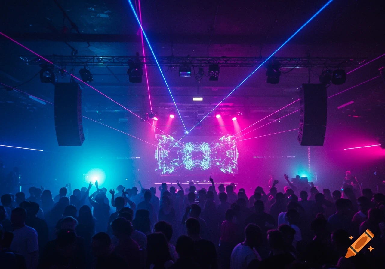 A crowded music venue under vibrant blue and pink laser lights, with a large screen displaying abstract visuals.
