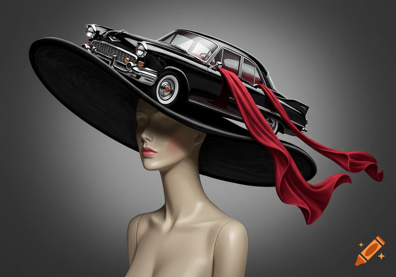 A black vintage car sits on a large black hat worn by a mannequin bust, with red fabric trailing from the car.