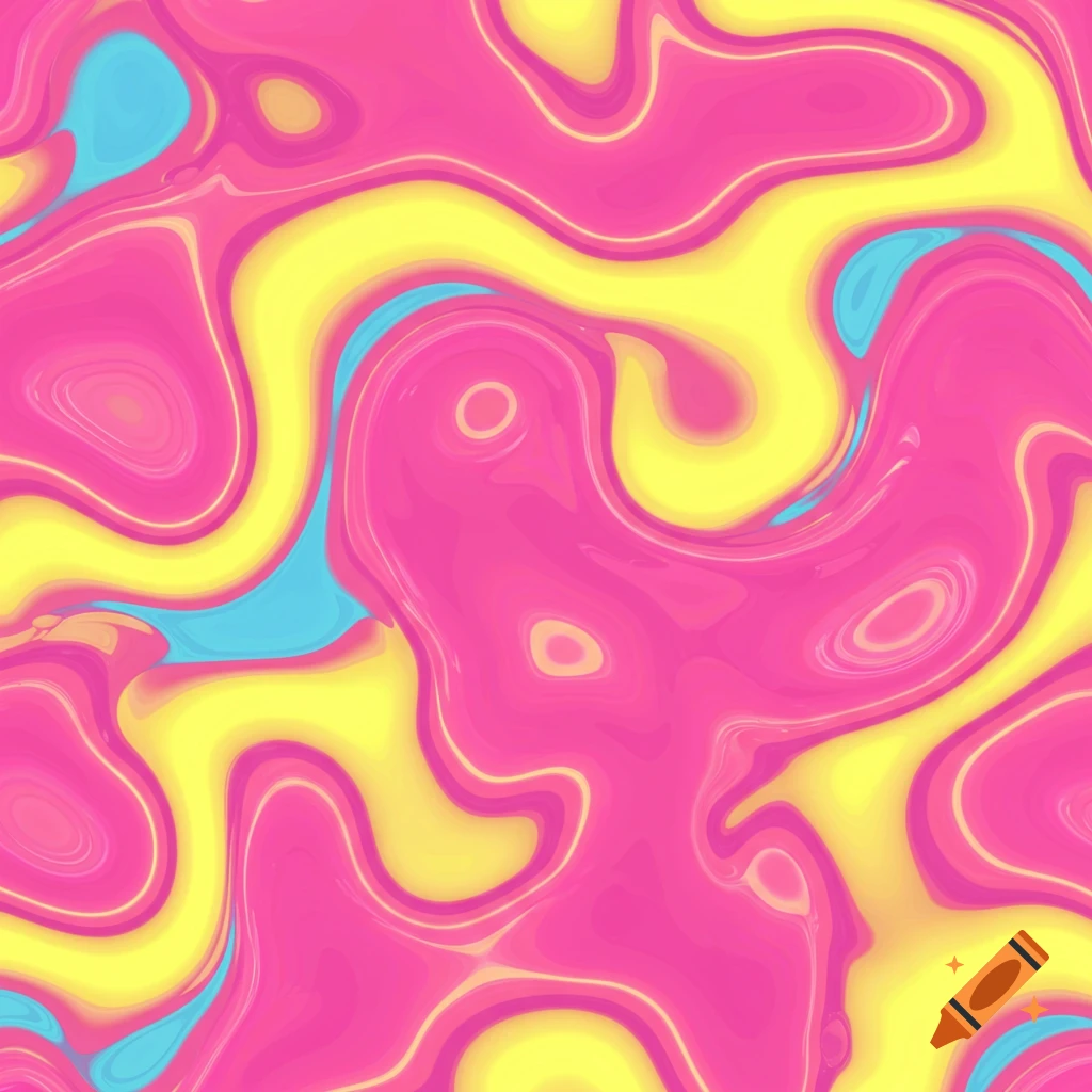 An abstract pattern of swirling glossy pink, bright yellow, and light blue colors.