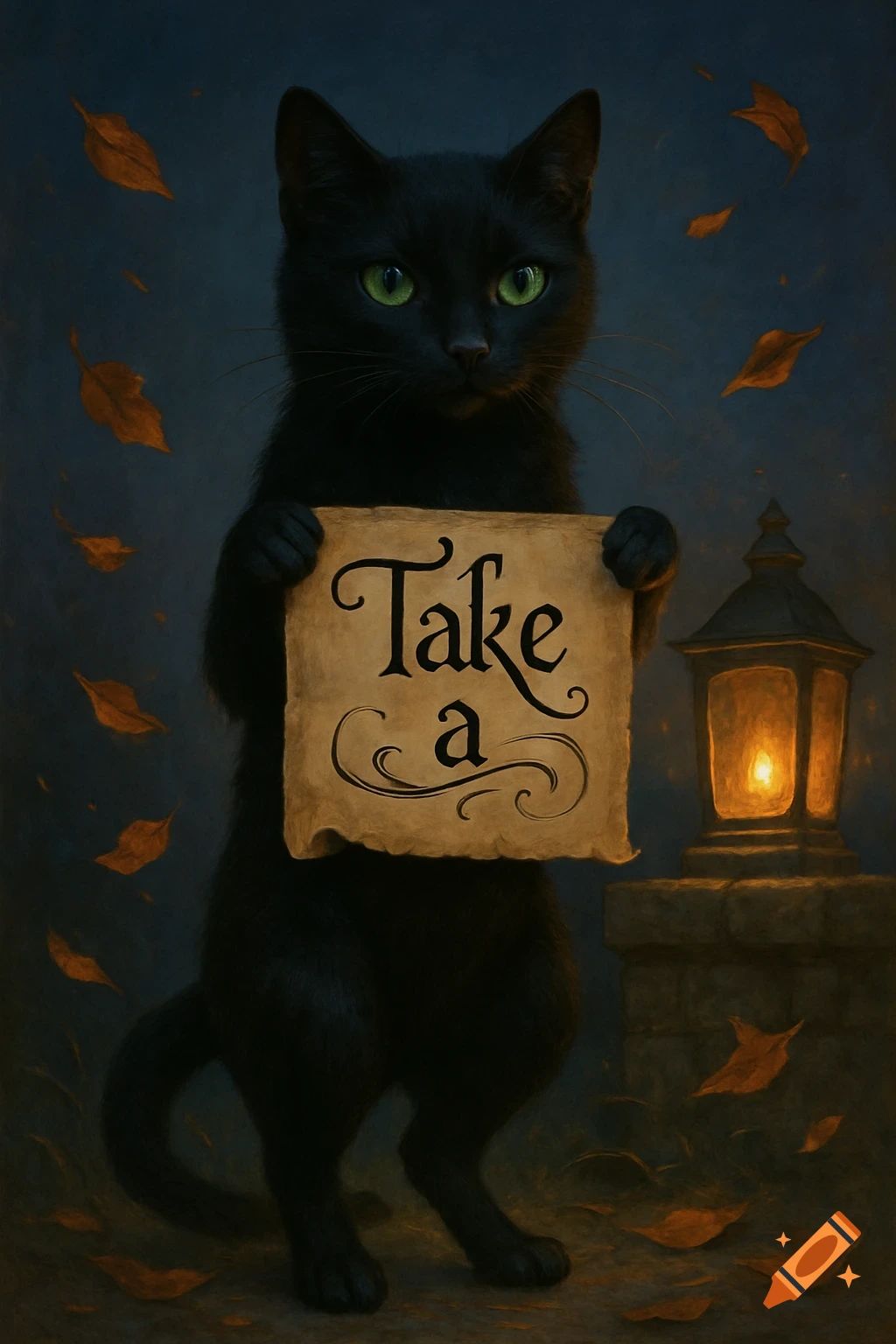 An illustrated black cat stands holding a "Take a" sign in a dark autumn setting with falling leaves and a glowing lantern.
