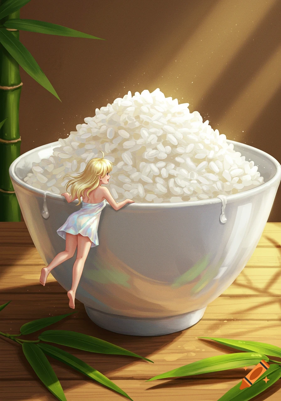 Anime-style miniature girl in a dress climbing out of a large bowl of rice, with bamboo stalks and leaves in the background.