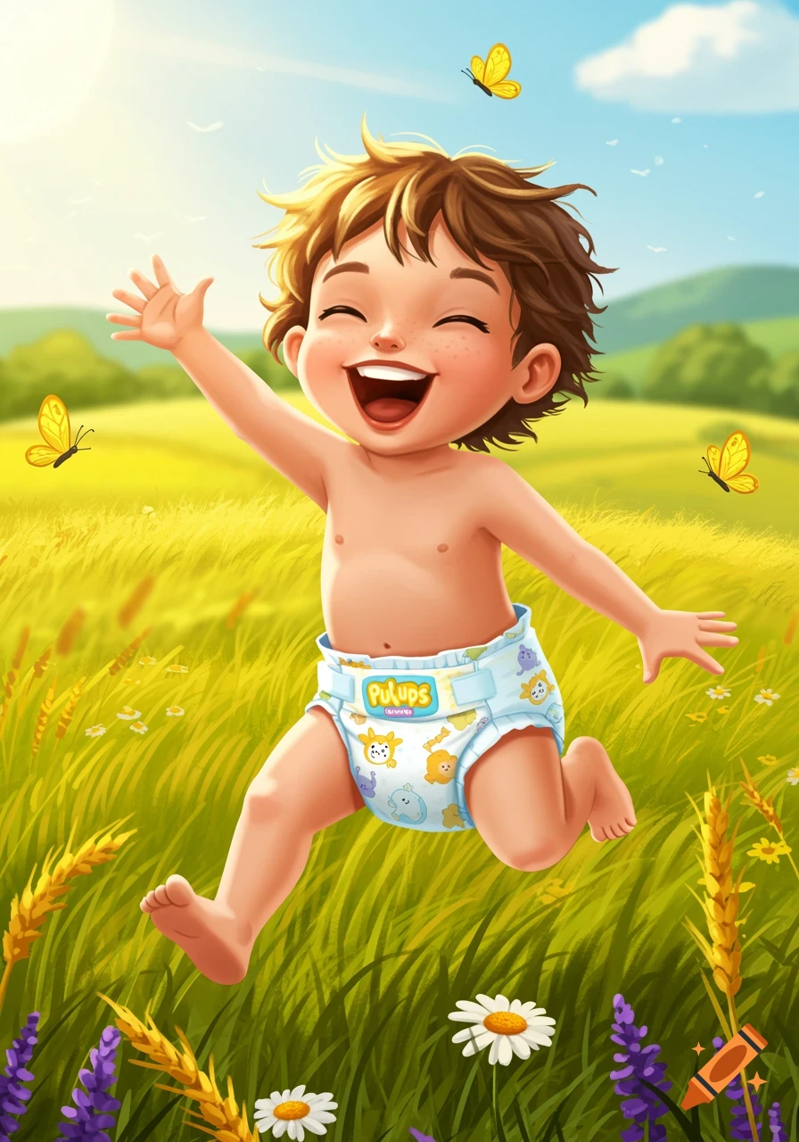 A happy cartoon baby wearing a diaper jumps and laughs in a sunny yellow field with butterflies and flowers.