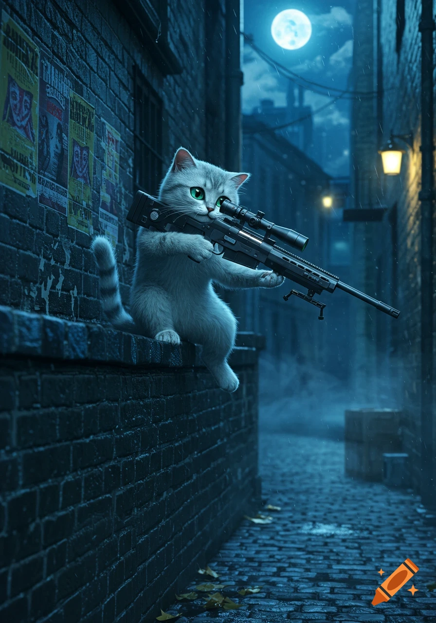 A cute grey cat with large green eyes holds a sniper rifle while sitting on a brick wall in a dark, rainy alley at night under a full moon.