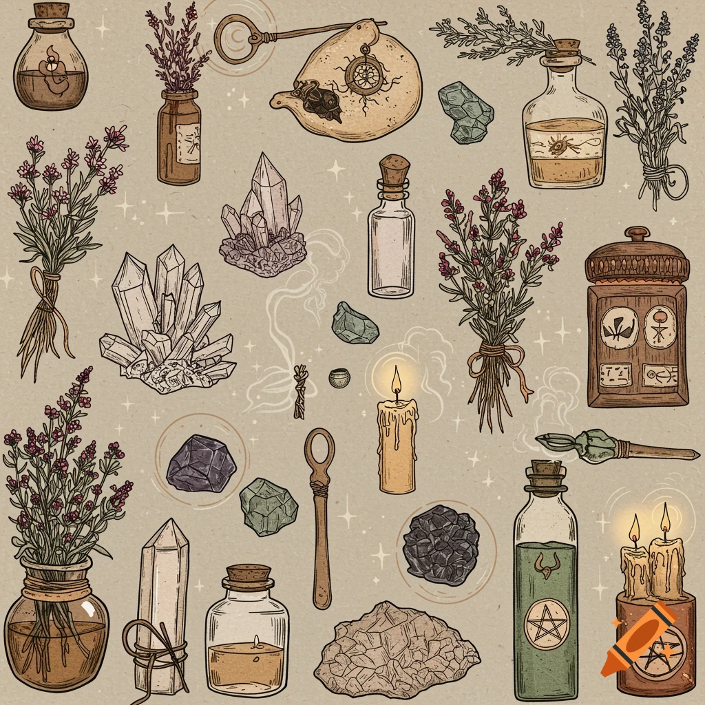 An illustration of various witchcraft and apothecary items including crystals, bundled herbs, candles, bottles, and ritual tools on a textured, earth-toned background.
