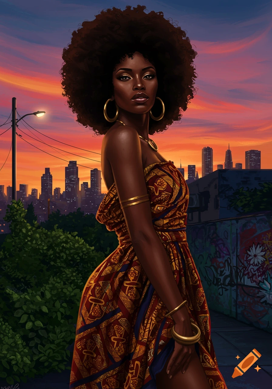 A stunning Black woman with an afro in a vibrant patterned dress stands against an urban sunset.