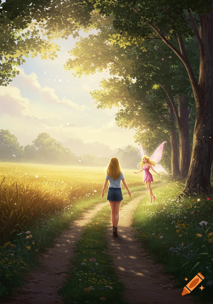 A fantasy illustration of a woman walking on a path in a sunlit field with a fairy floating nearby.
