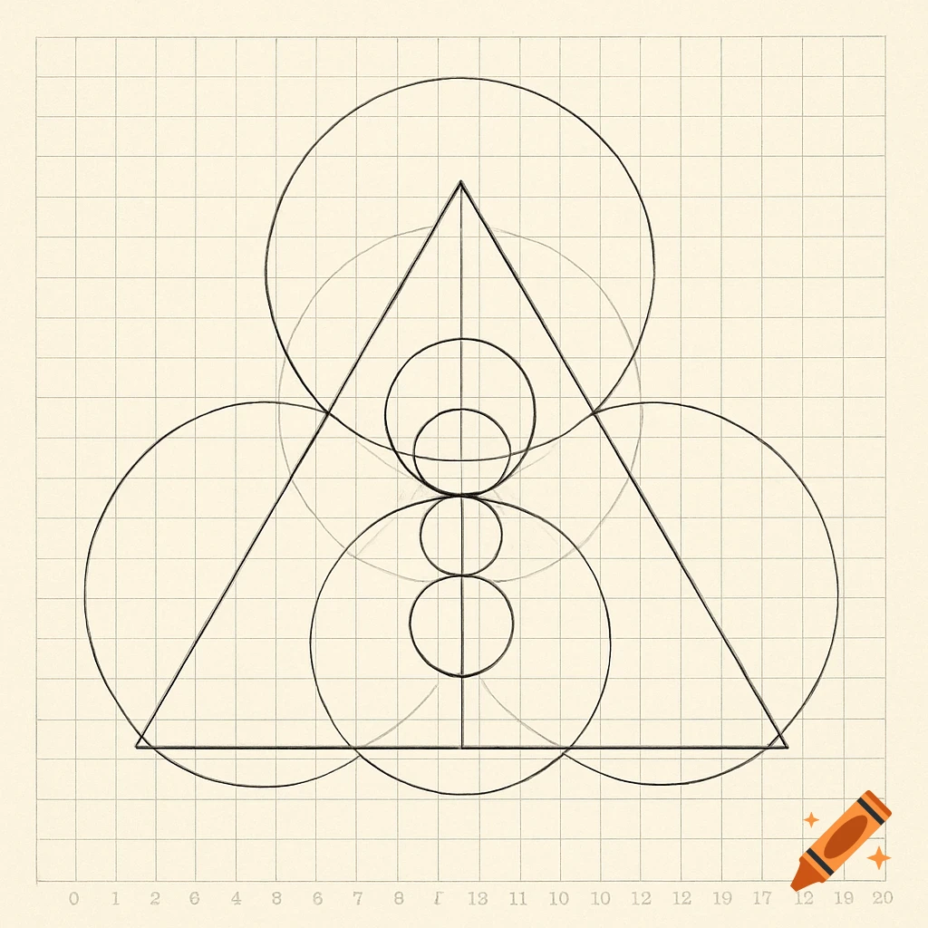 A technical drawing on a grid with a large equilateral triangle, concentric and overlapping circles, and erased line segments.