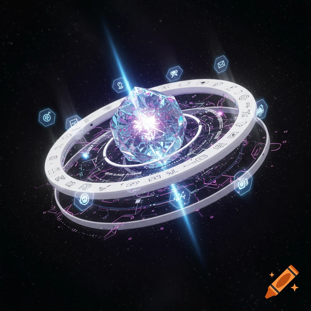 A glowing multifaceted blue and purple crystal floats centrally, surrounded by two white rings with intricate patterns and glowing circuit lines. Holographic hexagonal icons float around the rings. All set against a dark, starry background with a blue light beam.