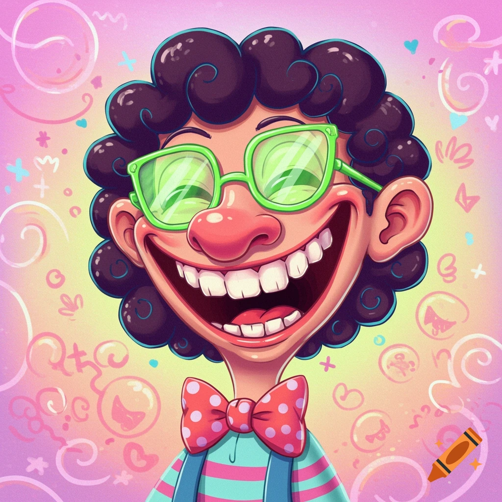 Cartoon portrait of a very happy person with curly hair, green glasses, and a big smile, wearing a bow tie.