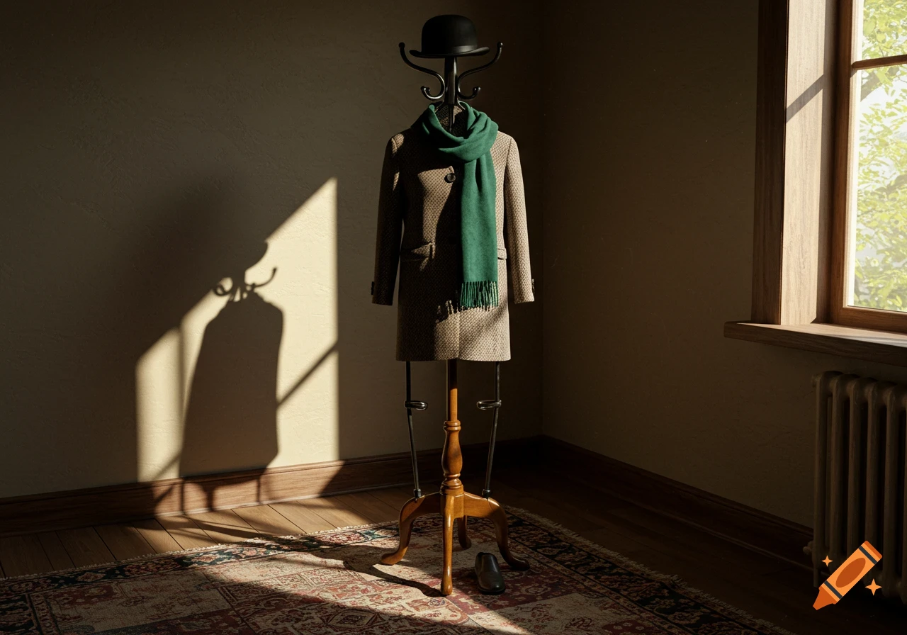 A coat rack holding a beige coat and a green scarf, topped with a black bowler hat, stands in a sunlit room.
