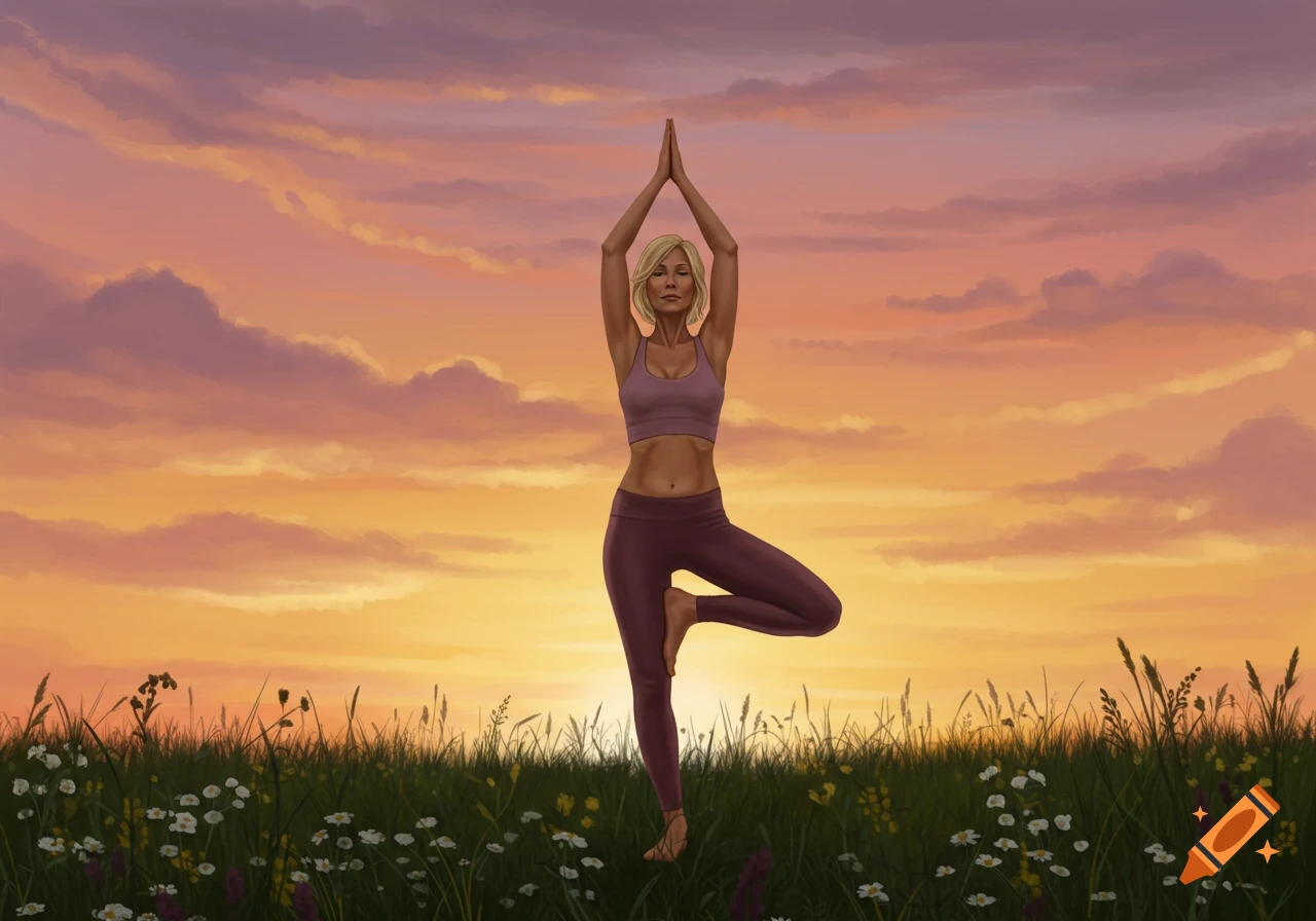 A blonde woman practices yoga in a tree pose in a grassy field at sunset, with an orange and purple sky.