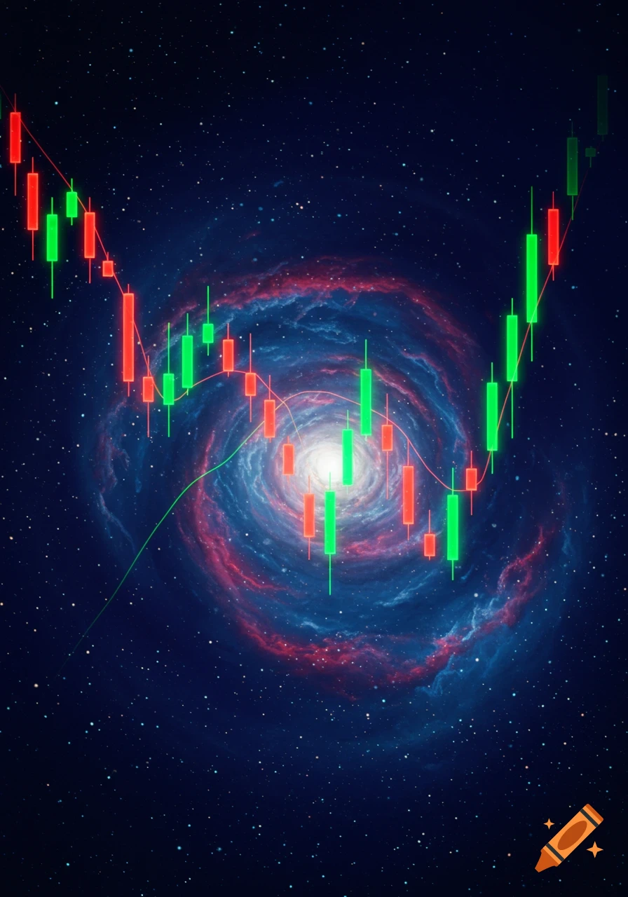 A glowing neon candlestick chart overlaid on a vibrant galaxy background.