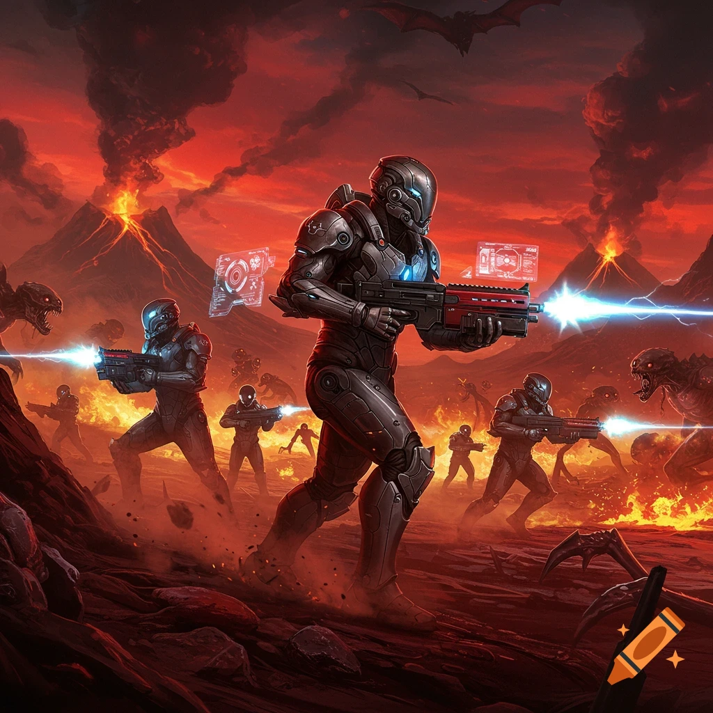 Futuristic soldiers battle alien monsters in a fiery, volcanic landscape under a red sky.