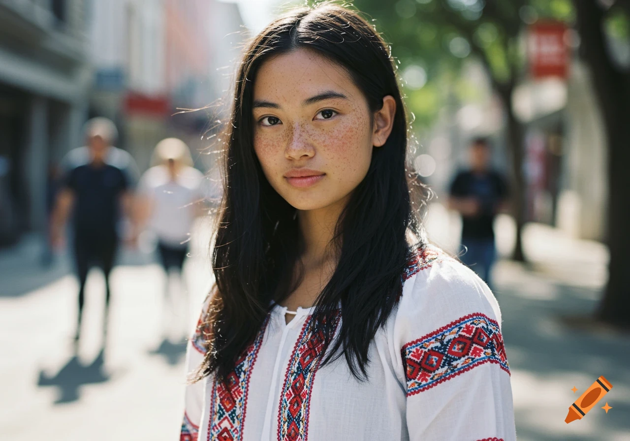 A photorealistic portrait of a young woman with long dark hair and freckles, wearing a white embroidered blouse, standing on a sunny street.