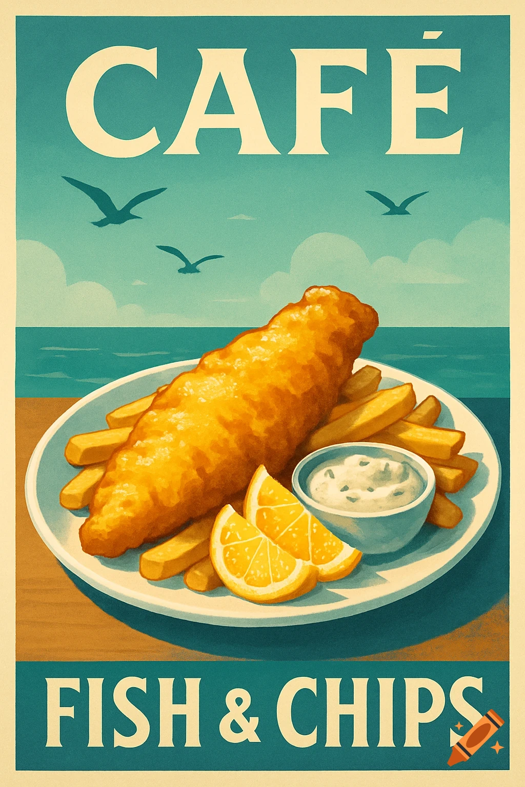 A vintage-style poster for Cafe Fish & Chips, showing a plate of fish and chips with lemon and sauce against a seaside background.