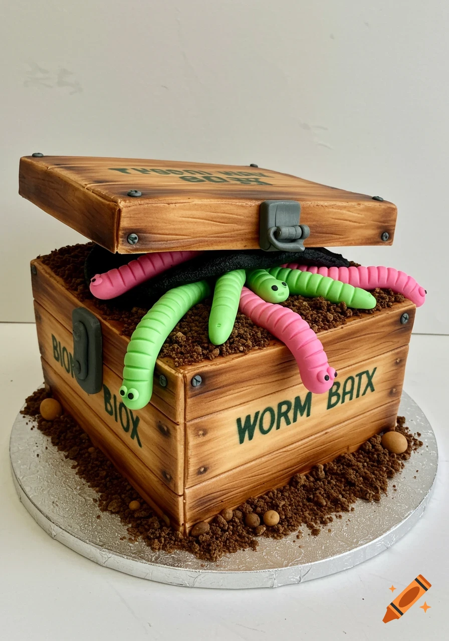 A cake designed like a wooden worm bait box, with pink and green gummy worms crawling out of the top.