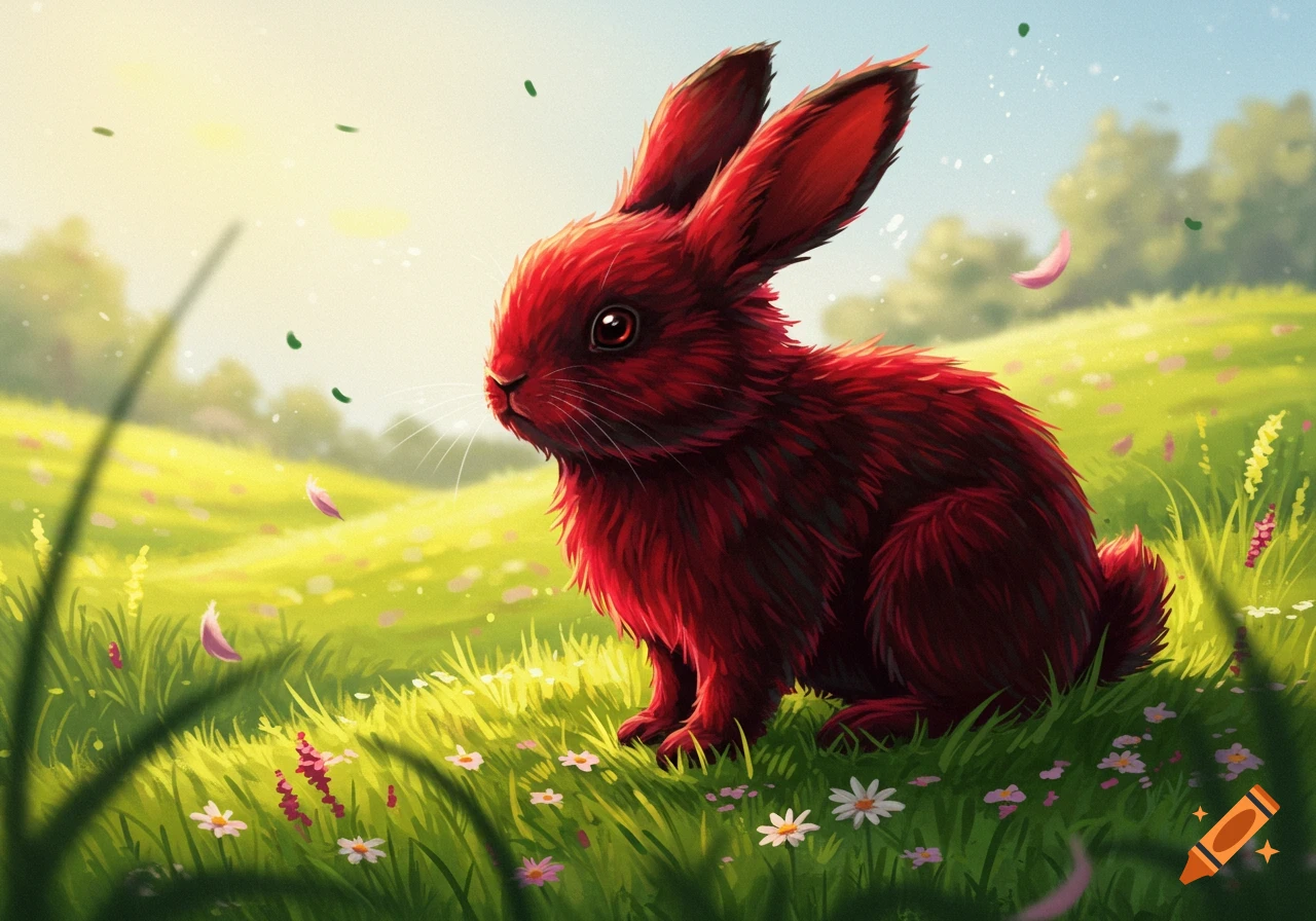 A bright red bunny sits in a sunny green meadow with small white and pink flowers, and floating green leaves.