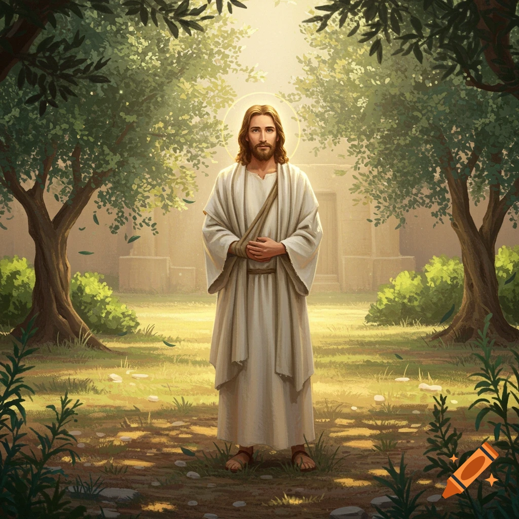 Jesus Christ with a halo stands in a sunlit garden with olive trees, digital painting.