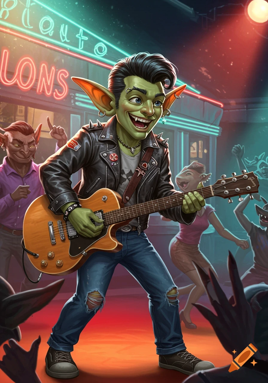 A green goblin with a pompadour plays an electric guitar in a rockabilly style in front of a neon-lit building with other goblins dancing.