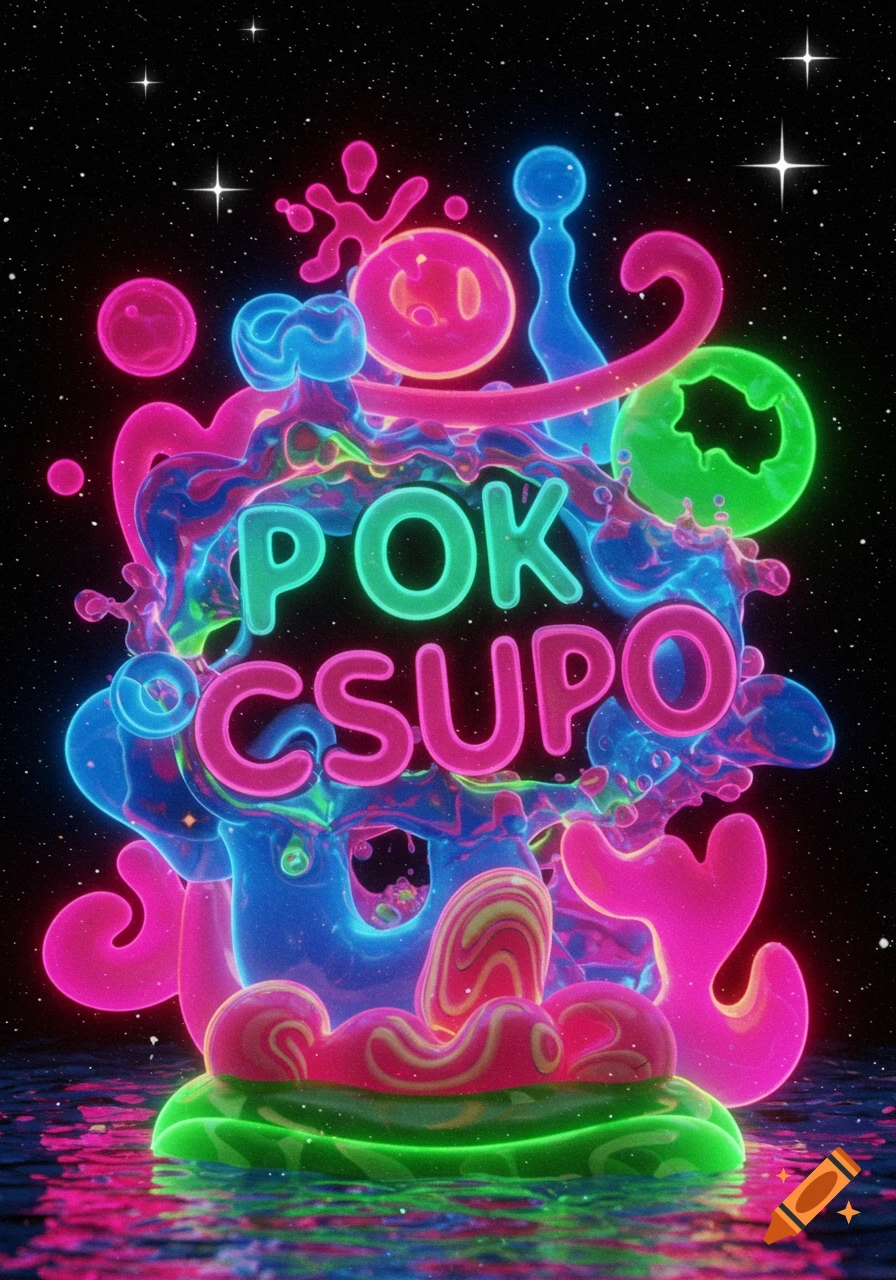 Vibrant 3D abstract art with glowing neon pink, blue, and green liquid shapes spelling 'POK CSUPO' against a starry space background.