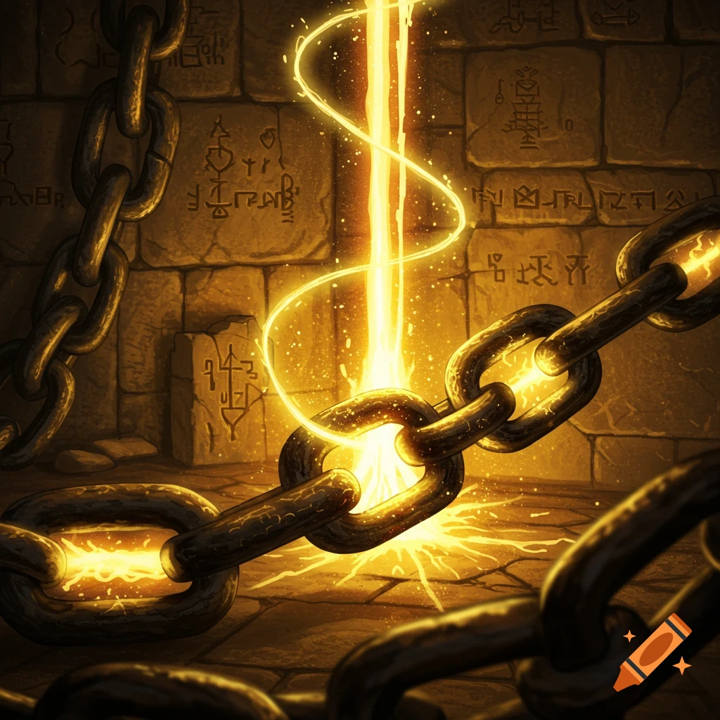Heavy chains in a stone chamber, illuminated by a swirling golden magical beam and glowing with inner light. Fantasy art.