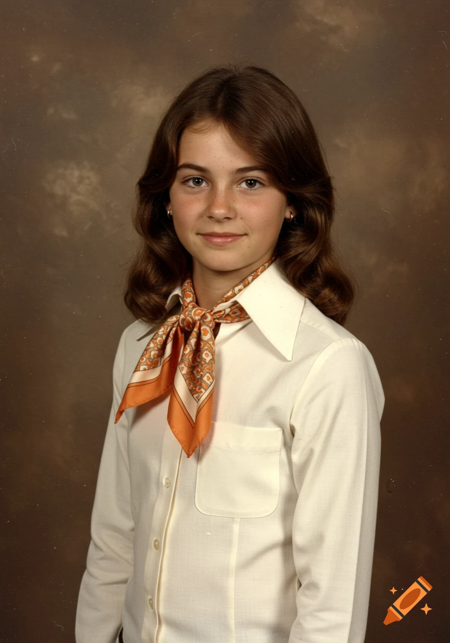 A 1970s-style studio portrait of a young girl with long brown hair, wearing a white buttoned shirt and an orange patterned ascot scarf, against a brown backdrop.