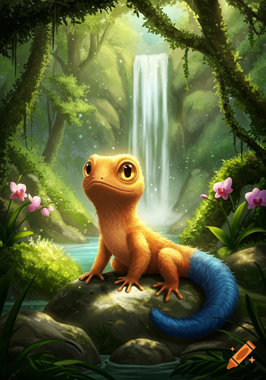 A cute, orange, furry lizard with a blue tail sits on a mossy rock in a vibrant jungle with a waterfall in the background.