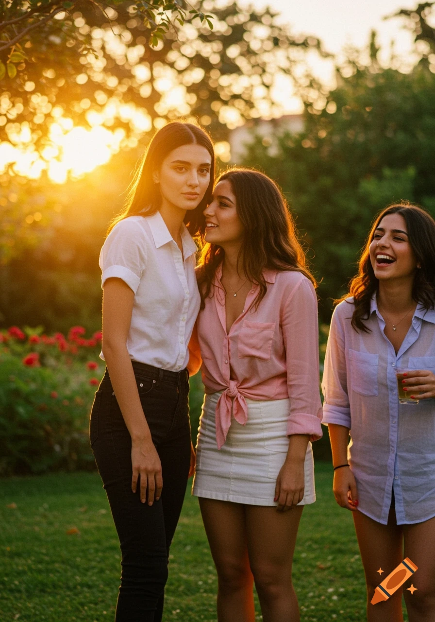 Three young women in a garden during golden hour. Two embrace as one whispers, the third laughs, all against a bright, sunny backdrop.
