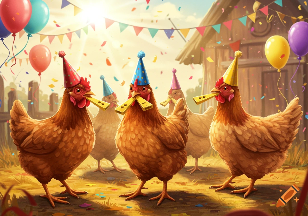 Cartoon illustration of a group of chickens wearing colorful party hats and holding kazoos at a festive outdoor celebration with balloons and confetti.