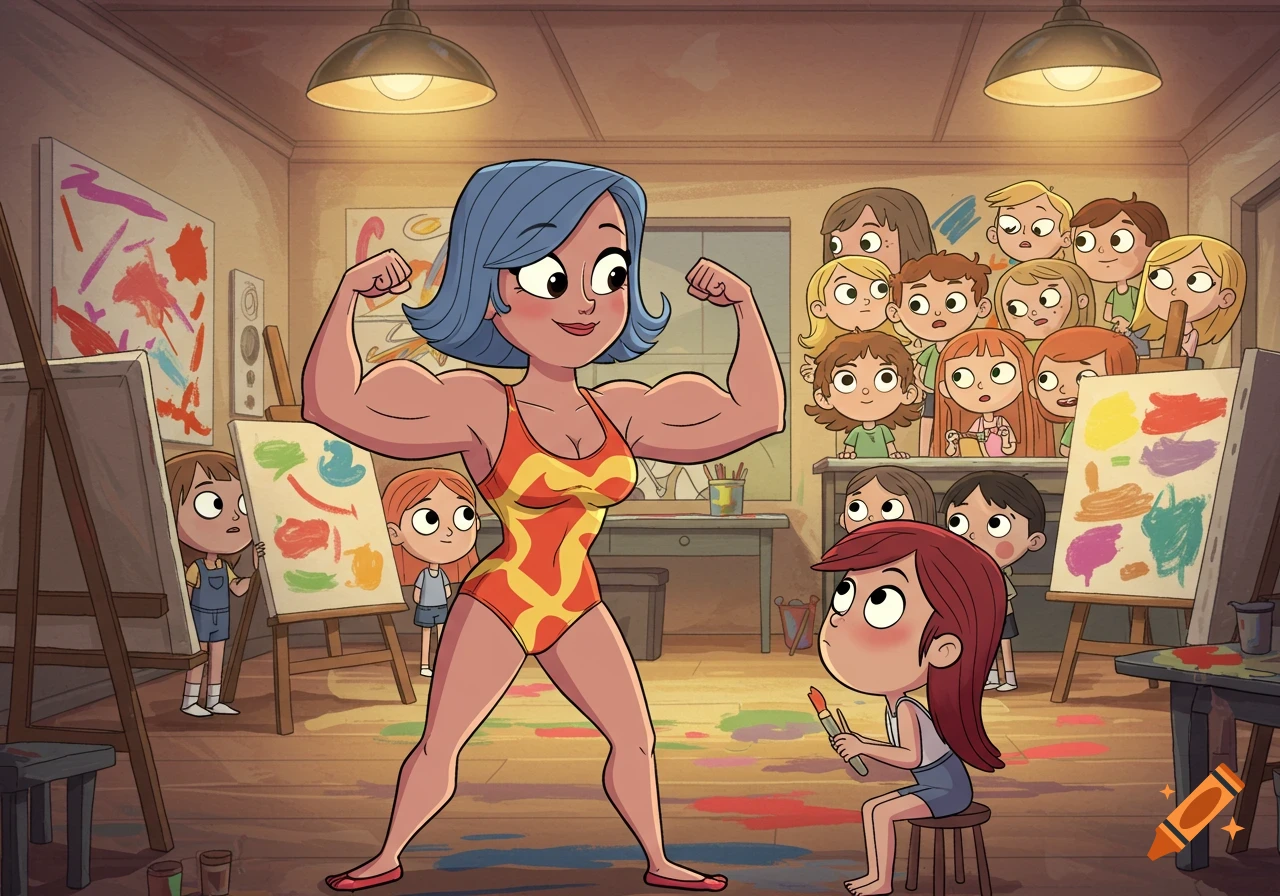 A muscular woman in a swimsuit flexes in front of a class of wide-eyed children in a cartoon art classroom.