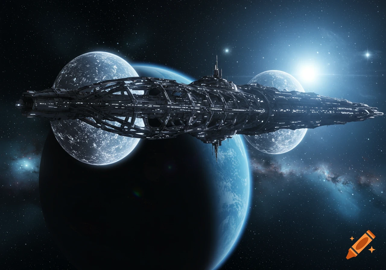 A detailed spaceship with a trellis and sphere design orbits a large blue planet, with other planets and a bright star in the background of deep space.