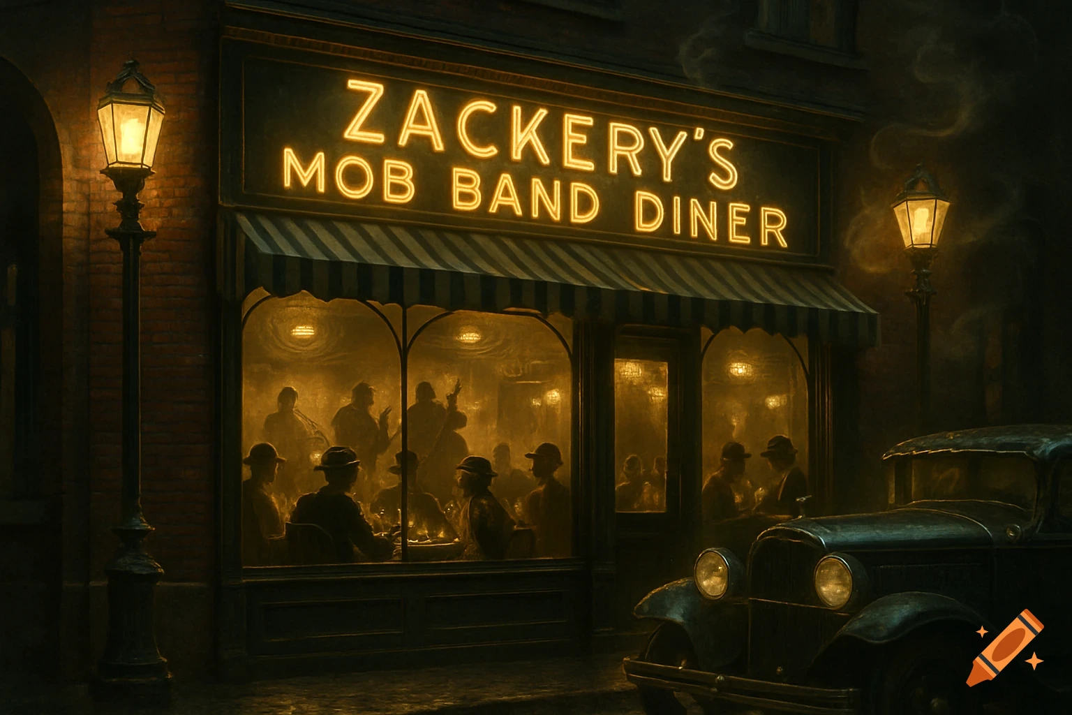A vintage diner at night with a neon sign reading 'ZACKERY'S MOB BAND DINER', an old car parked on the street, and silhouetted figures inside.