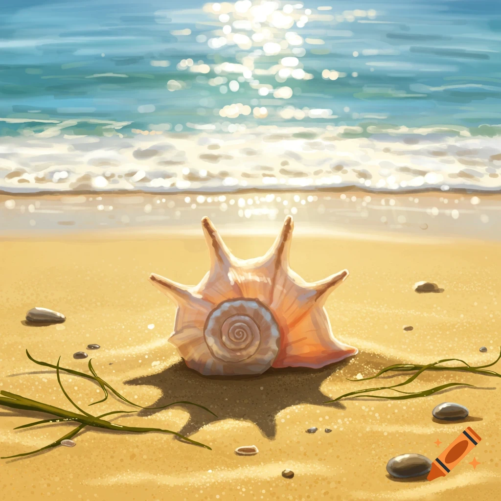 A large seashell rests on a sunlit sandy beach with ocean waves in the background, in an illustrative style.