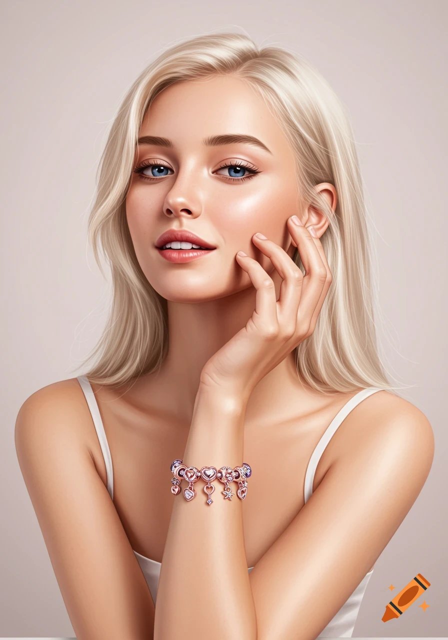 Photorealistic portrait of a blonde woman with blue eyes, wearing a white tank top and posing to show a detailed charm bracelet on her wrist.