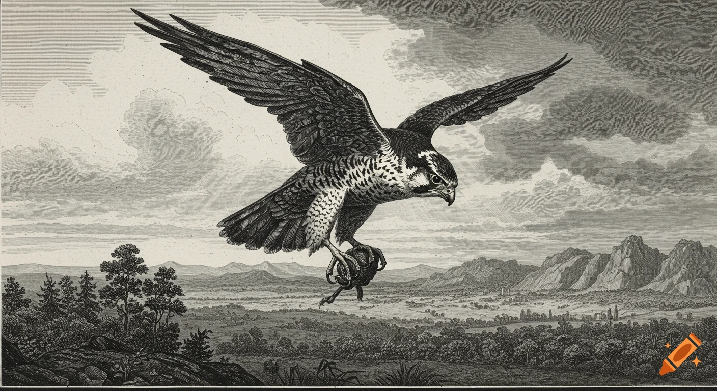 Detailed engraving of a falcon flying over a landscape with mountains and trees.