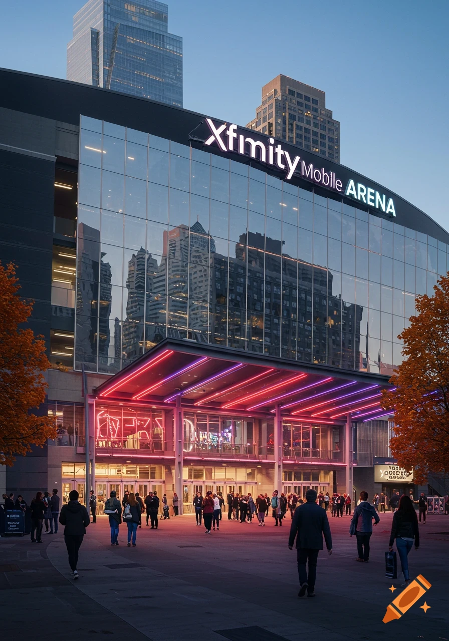 A large modern glass arena building with 'Xfinity Mobile ARENA' illuminated at dusk, with people walking outside its entrance.